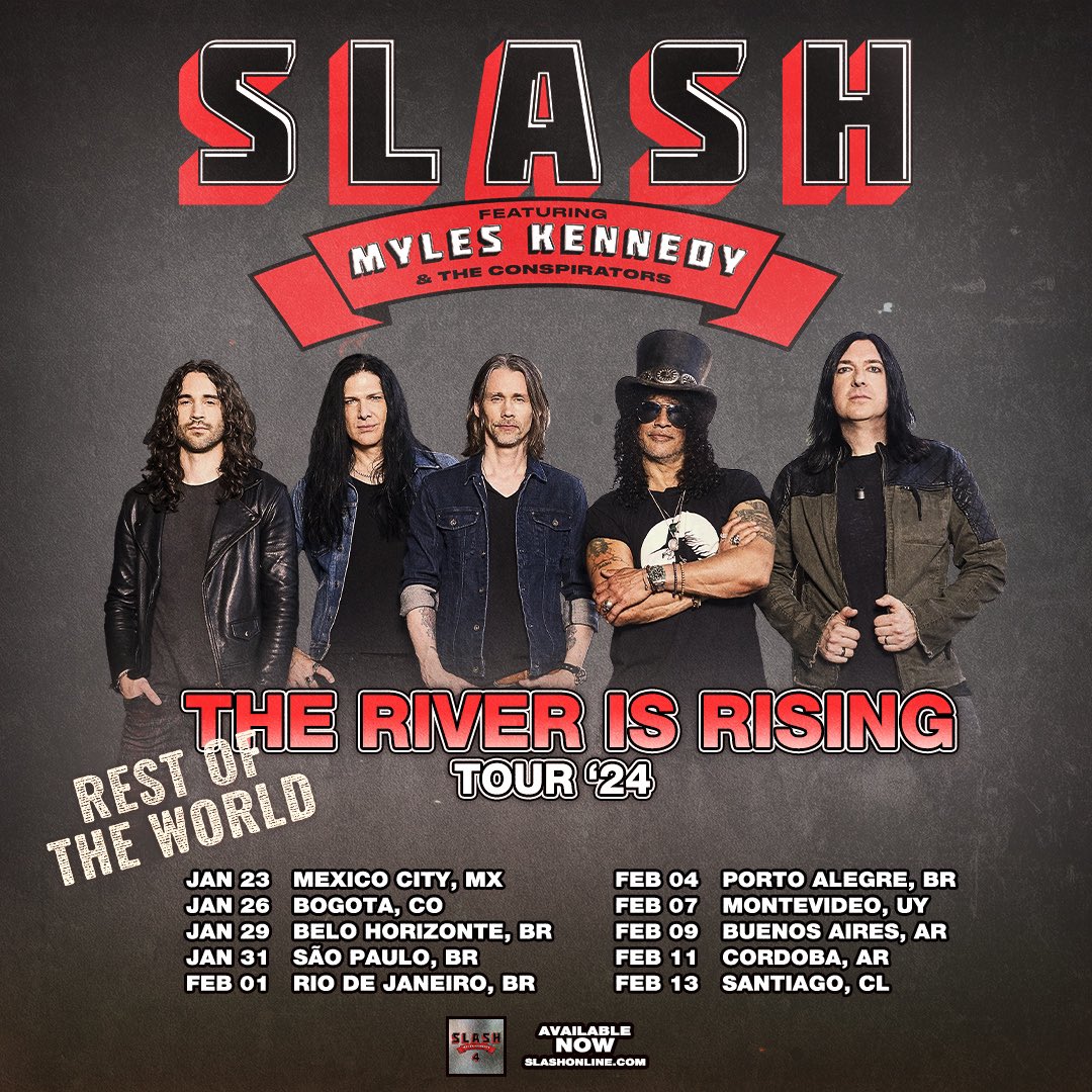 LATAM! The River is Rising Rest of the World Tour is coming your way in 2024! Grab your tix now. Link in bio. #slashnews #slash #myleskennedy #riverisrising #toddkerns #franksidoris #brentfitz #conspirators
