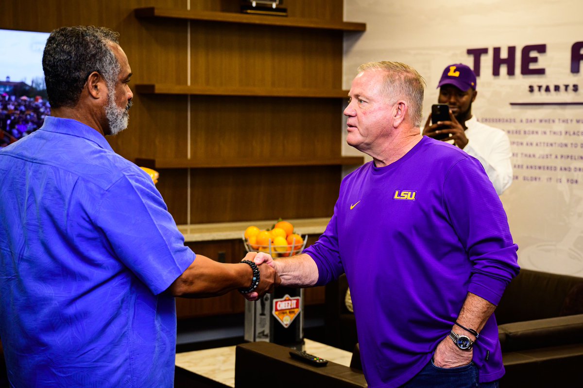 Honored to meet and welcome back the first 10 Black scholarship football players at LSU. An incredible group of men who we will get to celebrate on Saturday night.