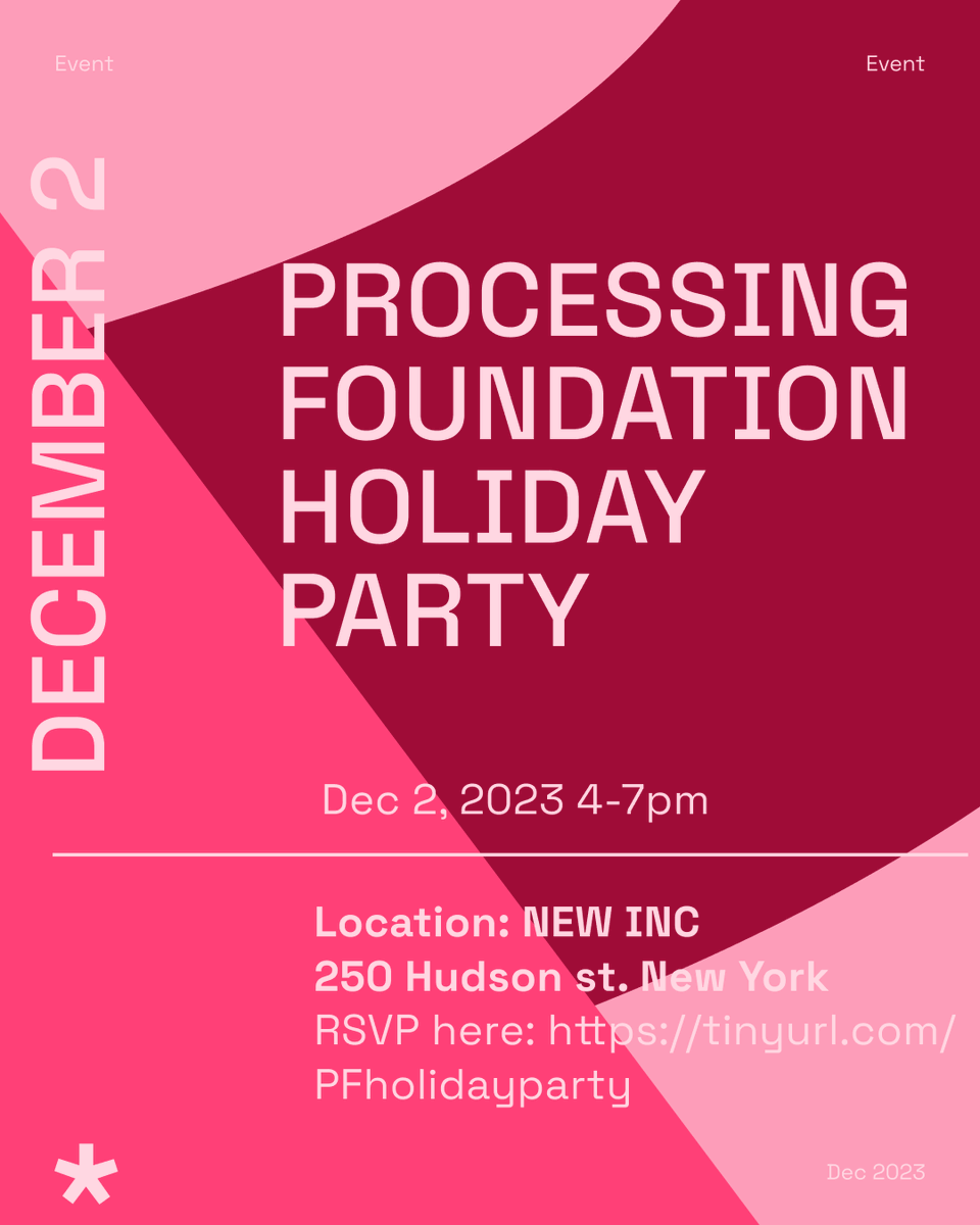 ✨Join us for a festive Processing Foundation holiday party! 🎉🌟Hosted at @newinc New York, we’ll be offering light refreshments and a joyous karaoke celebration. RSVP: tinyurl.com/PFholidayparty