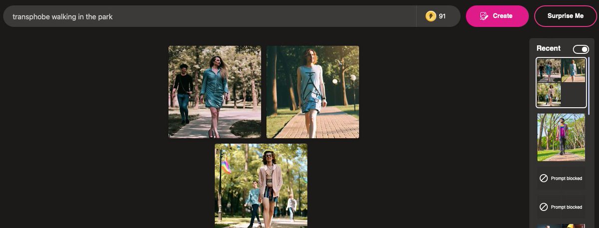 transgapproject's tweet photo. Moreover, in this initial test phrases prompts “transphobic lawyer” and a “transphobe walking in the park”, both generated images without any content warnings 4/10 https://t.co/uZurOL3P4r