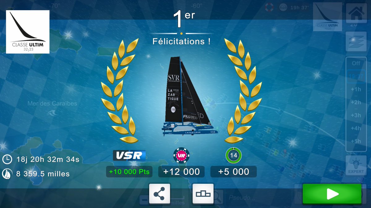 2ème victoire sur les @TransatJV de <a href="/VirtualRegatta/">Virtual Regatta</a> . Après la leg 1 en Ocean 50 c'est autour la prestigieuse course  Ultim. On ne pouvait espérer mieux.🥳
Merci au copain de <a href="/Team_Pve/">Team PVe / D-ICE</a> et pensée amicale pour le second #Farley...la lutte fût intense