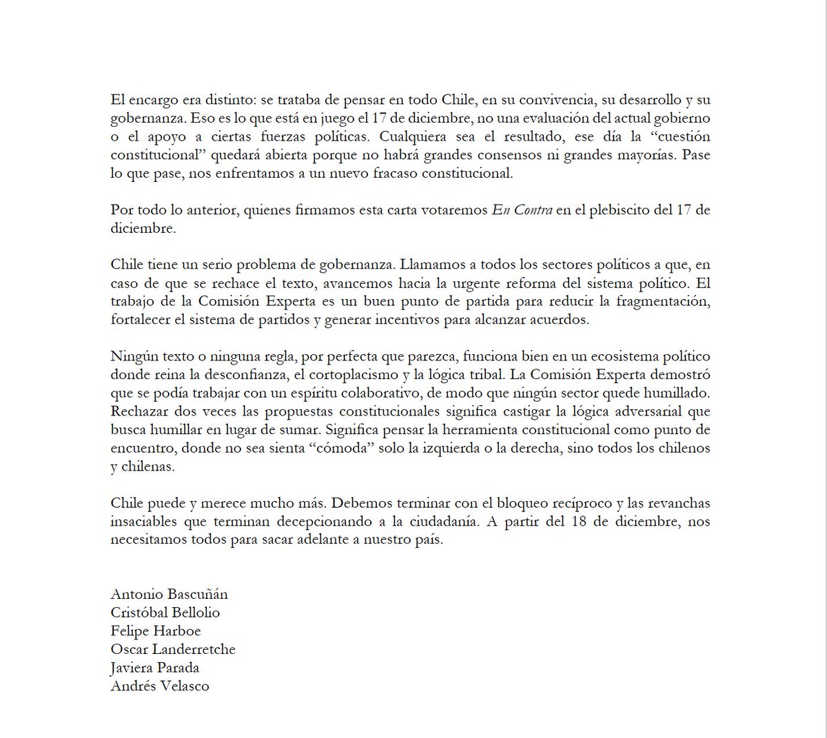 javiparada's tweet photo. "Quienes firmamos esta carta votaremos En Contra en el plebiscito del 17 de diciembre". Comparto carta firmada con @cbellolio, @felipeharboe, @AndresVelasco, @OLanderretche y Antonio Bascuñan sobre el próximo plebiscito constitucional. https://t.co/AWyMtUOBqW