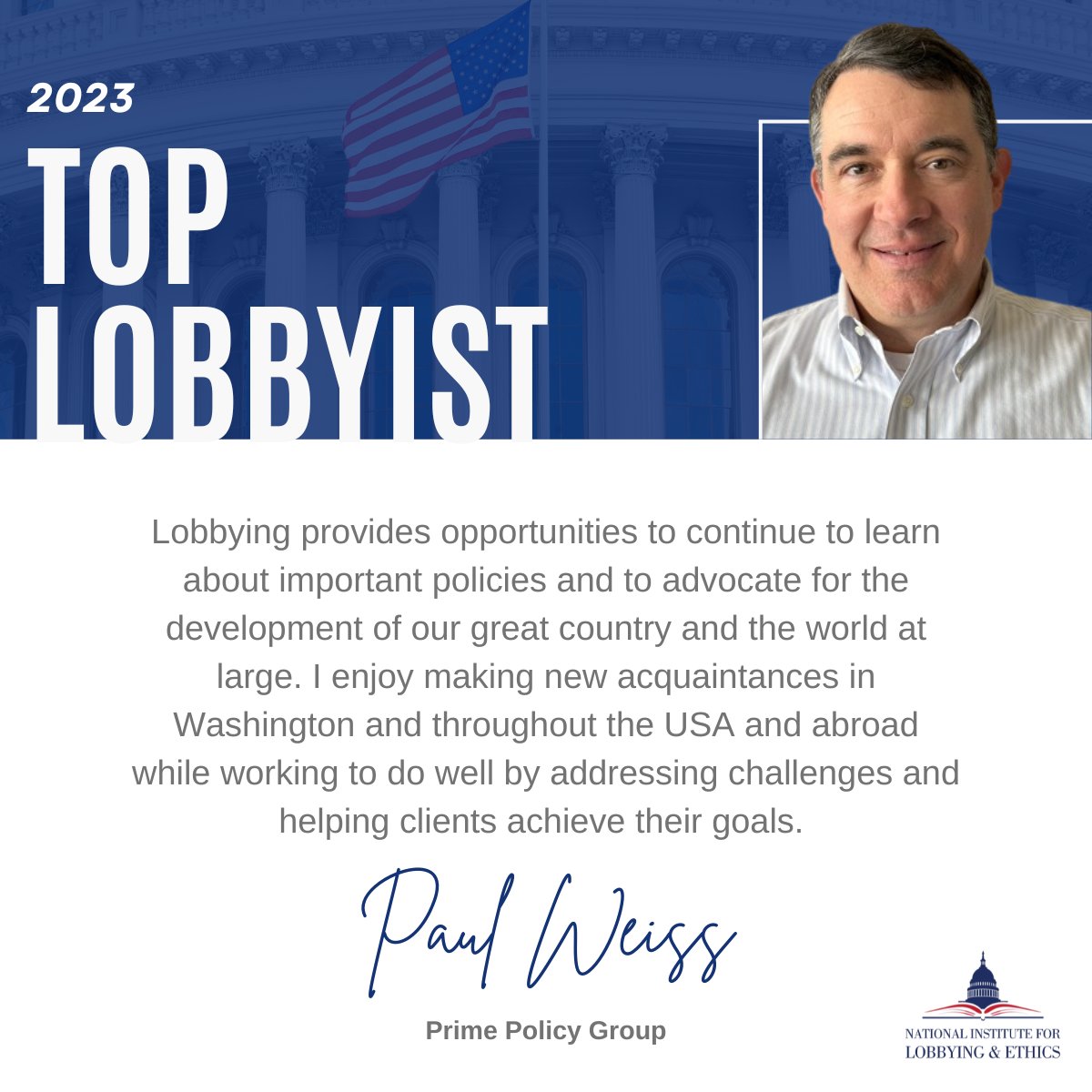 Congratulations to Becky Weber and Paul Weiss who were named among the Top Lobbyists for 2023 by <a href="/LobbyInstitute/">National Institute for Lobbying & Ethics</a>! #NILETopLobbyist