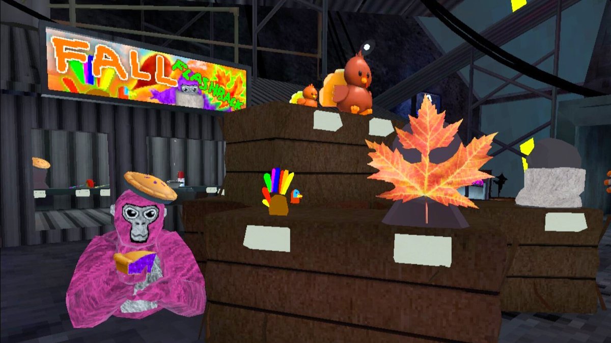 GorillaTagVR's tweet photo. This monke’s favorite sweet treat is grand-monke’s world famous pie! Stop by the City Store for a slice of these and other amazing Flashback cosmetics that will have you FALLing in love with them all over again! https://t.co/I3bs1pzII7