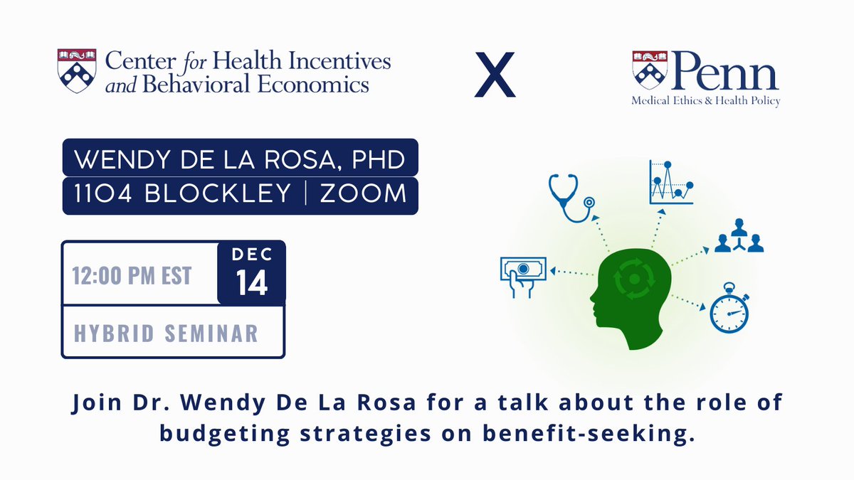 Penn Center for Health Incentives+Behavioral Econ (@pennchibe) on Twitter photo Join us at noon EST on 12/14/23 for a talk about the role of budgeting strategies on benefit-seeking with
<a href="/wdlrosa/">Wendy De La Rosa</a>! For more info, go to tinyurl.com/wendydelarosa-…. Join us at noon EST on 12/14/23 for a talk about the role of budgeting strategies on benefit-seeking with
<a href="/wdlrosa/">Wendy De La Rosa</a>! For more info, go to tinyurl.com/wendydelarosa-….