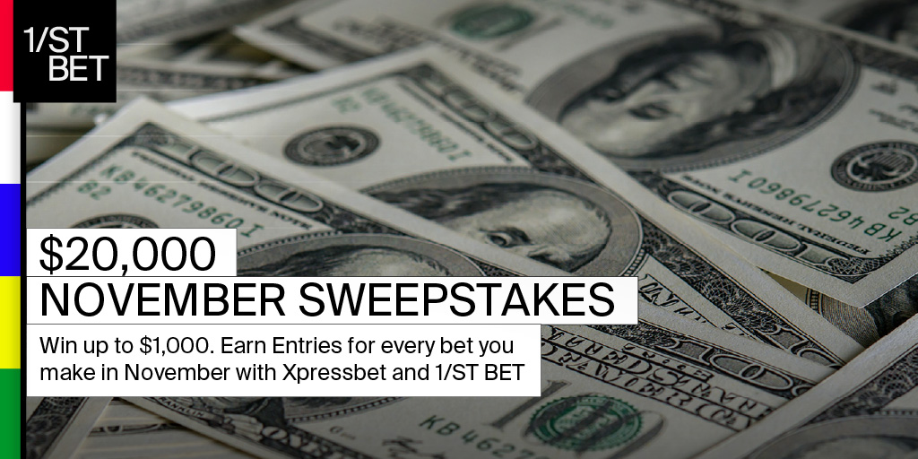 The @1stbet monthly sweepstakes is still going strong with the $20,000 November Sweepstakes! Earn entries with every wager through NOV 30 to win a betting voucher worth up to $1,000. Earn bonus entries for wagers on weekdays & 1/ST tracks. > news.1st.com/promotions to register!