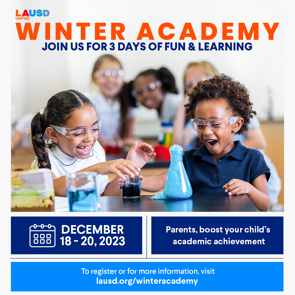#WinterAcademy will soon be here on Dec. 18. It is scheduled like a regular school day, with breakfast, lunch, and breaks. Paper applications are available at school sites or visit: lausd.org/winteracademy #acceleratelearning