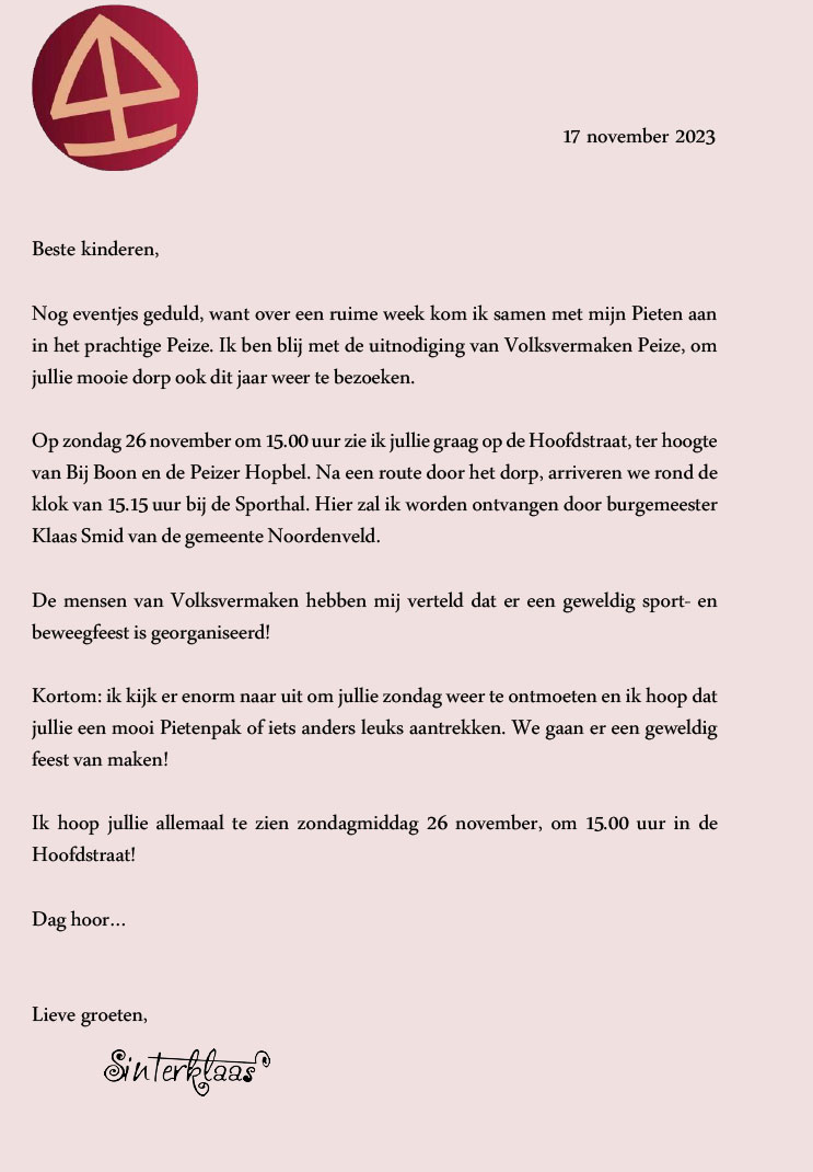 Volkpeize's tweet photo. Over ruim een week komt Sinterklaas naar Peize! 😀 https://t.co/mTWap4WLSw