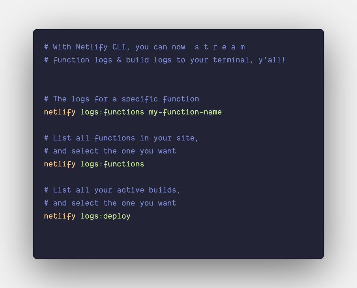 Netlify's tweet image. 🚀 Netlify CLI v17.5.0
Now you can stream build and function logs directly into your terminal.
github.com/netlify/cli