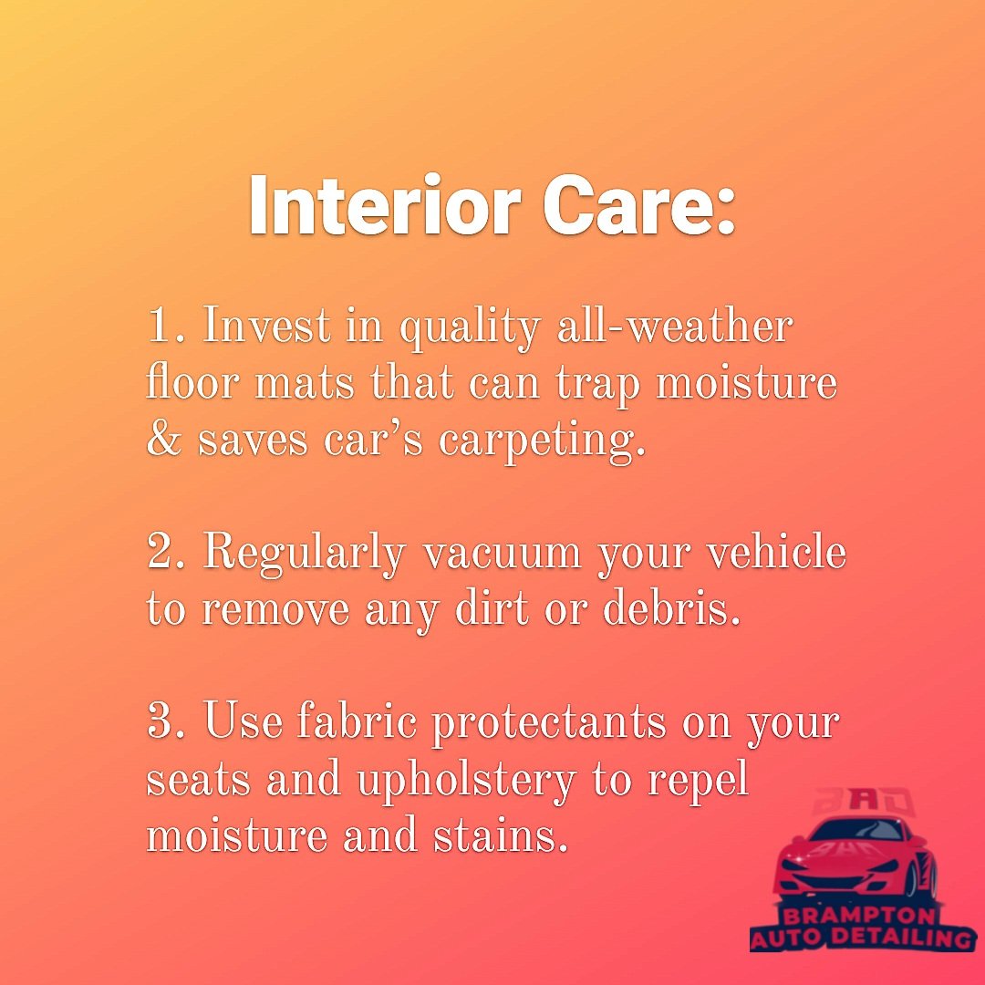 bramptondetail's tweet photo. Invest in quality all-weather floor mats that can trap moisture and prevent it from seeping into car’s carpeting. Regularly vacuum your vehicle to remove any dirt that accumulates. Lastly, consider using fabric protectants on your seats and upholstery to repel moisture &amp; stains. https://t.co/67eSjtisUm