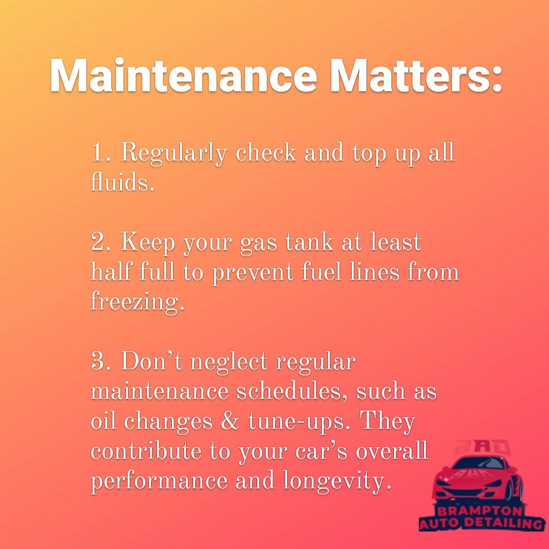 bramptondetail's tweet photo. Regularly check &amp; top up all fluids, including antifreeze, windshield washer fluid, &amp; engine oil. Cold temperatures thicken fluids, so using the appropriate viscosity is crucial. Additionally, keep your gas tank at least half full to prevent fuel lines from freezing. https://t.co/0Dtb8or3hl