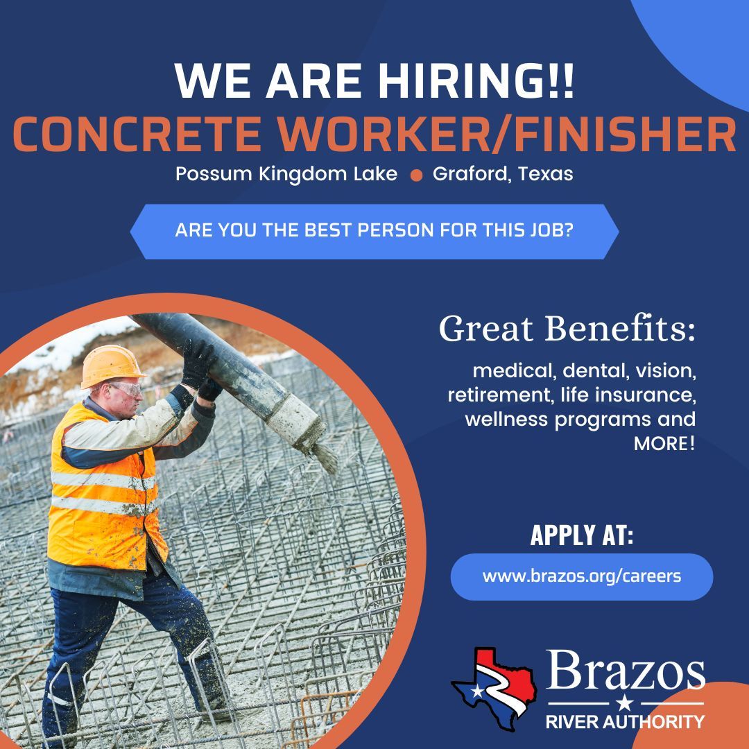 BrazosWater's tweet photo. We Are Hiring! Interested?
Applications are now being accepted for multiple positions.
For more information on all employment opportunities with the BRA, click here: https://t.co/8FpT58NAAf
#BrazosRiverAuthority #HumanResources #GrafordTexas #ConcreteWorker https://t.co/zSRildpkj1