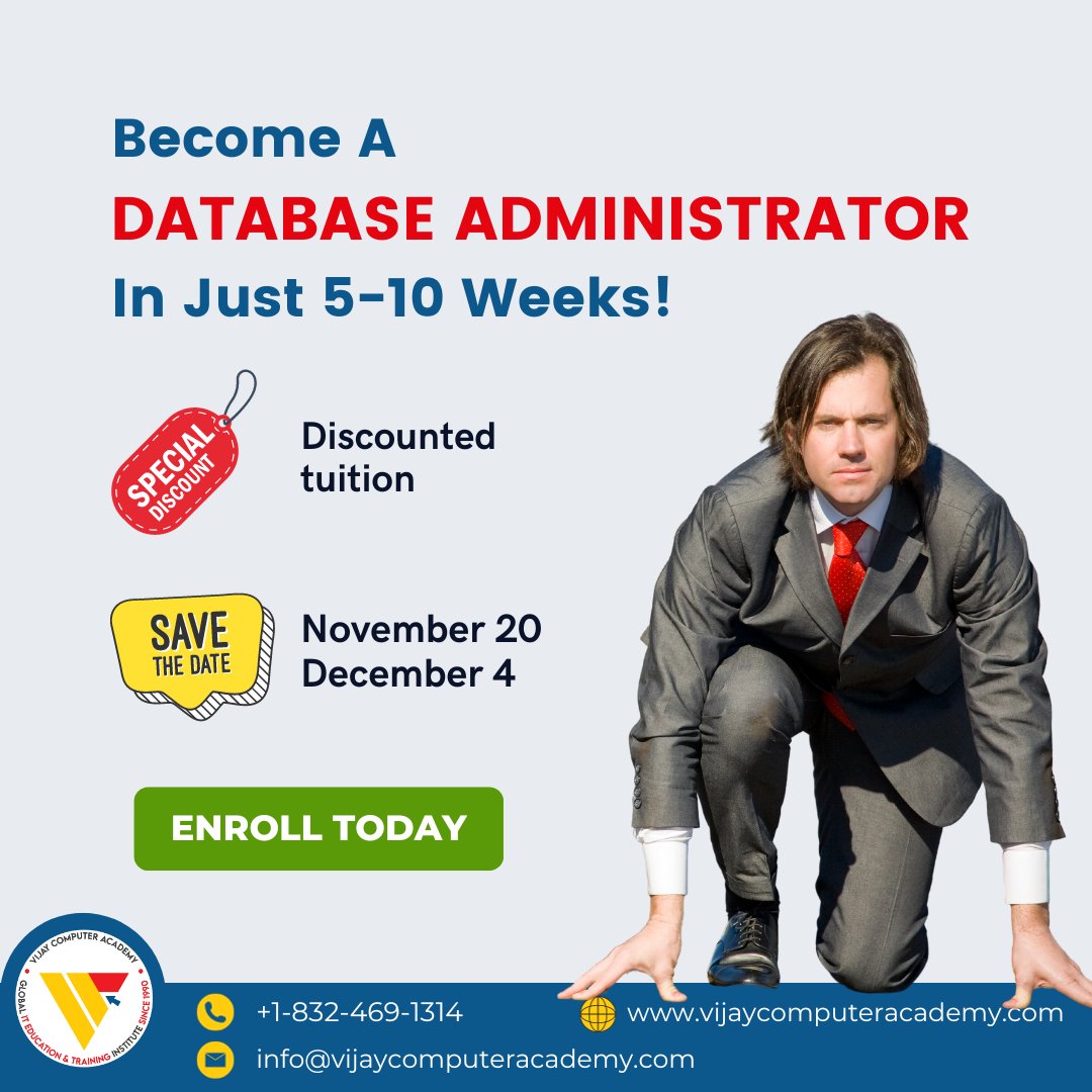 VCAGLOBALIT's tweet image. 🚀 Unleash the power of databases and ride the tech tsunami with VCA&apos;s Database Administration Bootcamp! vijaycomputeracademy.com/database-admin….

💡 $3000 Special Discounted Tuition! 

📅 November 20 and December 4
vijaycomputeracademy.com/inquiry-page/ .

#database #databaseadmin  #apprenticeshipusa