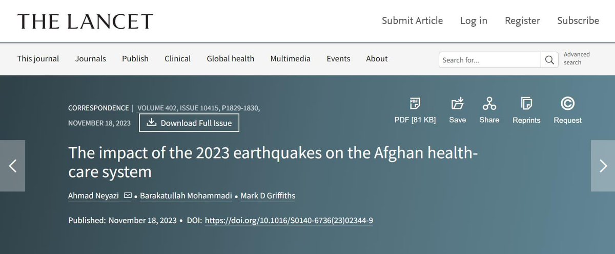 Our latest paper in 'The Lancet' looks at the impact of the 2023 earthquakes on the Afghan health-care system.

thelancet.com/journals/lance…

#Afganistan 
#research 
#medicalresearch 
#aces