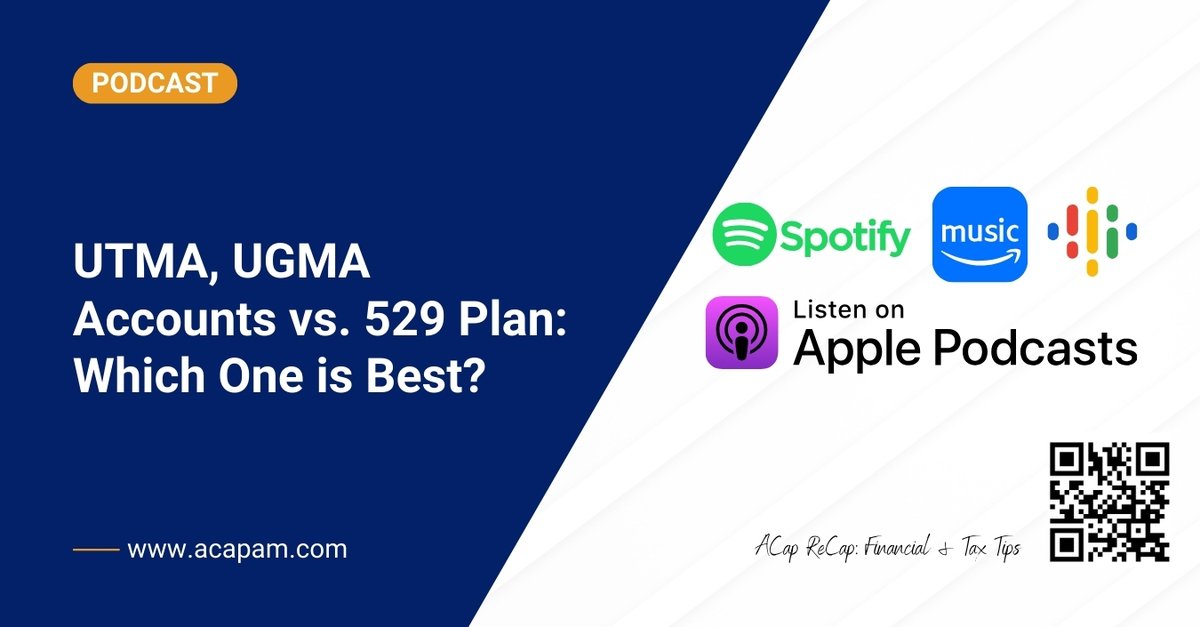 In this ACap ReCap episode, we talk about #UTMA, #UGMA, and #529plan, highlighting the key differences. Tune in now to learn which one may be the best for you. ⤵️
hubs.la/Q029jbR10

#podcast #newpodcast #financialpodcast #financialtips #financialtalks #savingsaccount
