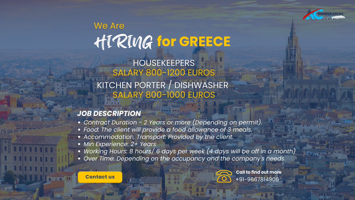 AandC_immigrate's tweet photo. Hiring for Greece Housekeepers and Kitchen Porter/Dishwasher

Job Description:
Contract Duration: 2 Years or more
Food: By the client
Accom. &amp; Transport: By the client
Min Exp: 2+ Years
Working Hours: 8 hours
Over Time: Depending on the occupancy

#job #hiring #greece #jobvisa https://t.co/K5jzmMmWlP