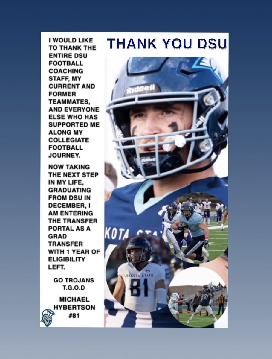 mjhybertson's tweet image. I am forever grateful for everything these past three years have given me. From the memories, to the people this game has brought me. I have decided to graduate transfer with 1 year of eligibility left. Thank you to all of my coaches, and teammates for my time spent at DSU. #TGOD