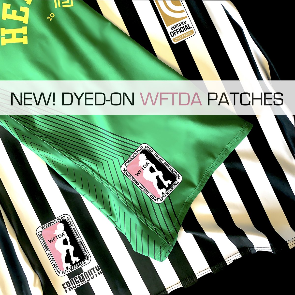 NEW—Frogmouth has partnered with the <a href="/WFTDA/">WFTDA</a> so you can now order your jerseys with WFTDA member and licensed-official patches dyed onto them, eliminating the need to order physical patches and sew them onto your uniform. More information at frogmouthclothing.com/blogs/news/wft… #derbytwitter