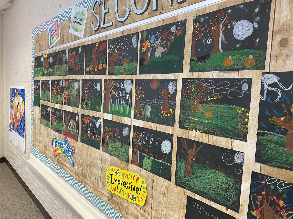 Second graders <a href="/D45Stevenson/">Stevenson School</a> learned about landscapes and pointillism in this project.  They blended oil pastels to create shadows and highlights, and added leaves with small dots of paint.  Nice work second grade!
