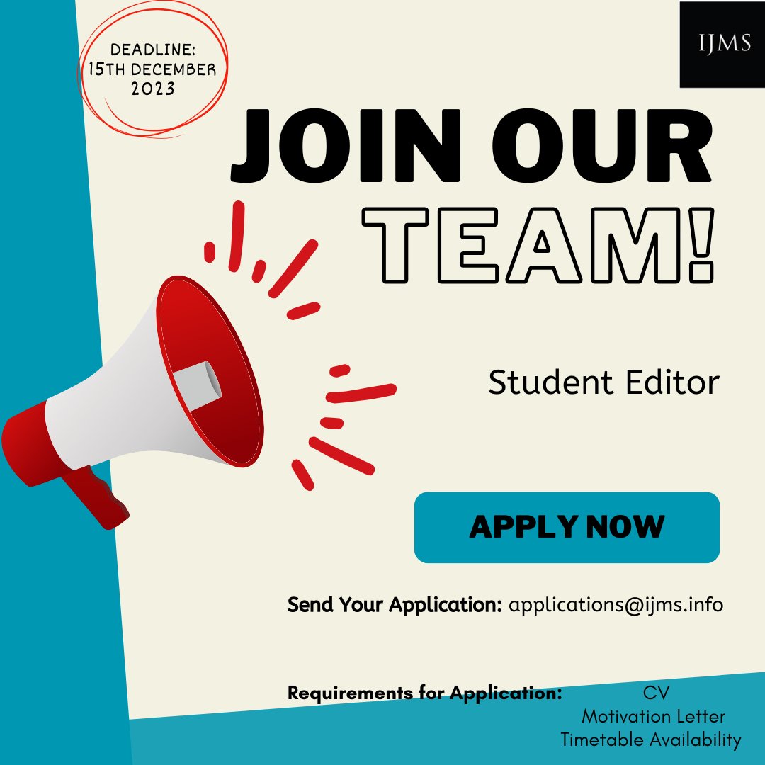 International Journal of Medical Students (@theijms) on Twitter photo IJMS is excited to announce the opening of applications for the Student Editors Editorial Team.
Please submit your application to:
applications@ijms.info.
#research #medicine #doctors #students #international IJMS is excited to announce the opening of applications for the Student Editors Editorial Team.
Please submit your application to:
applications@ijms.info.
#research #medicine #doctors #students #international