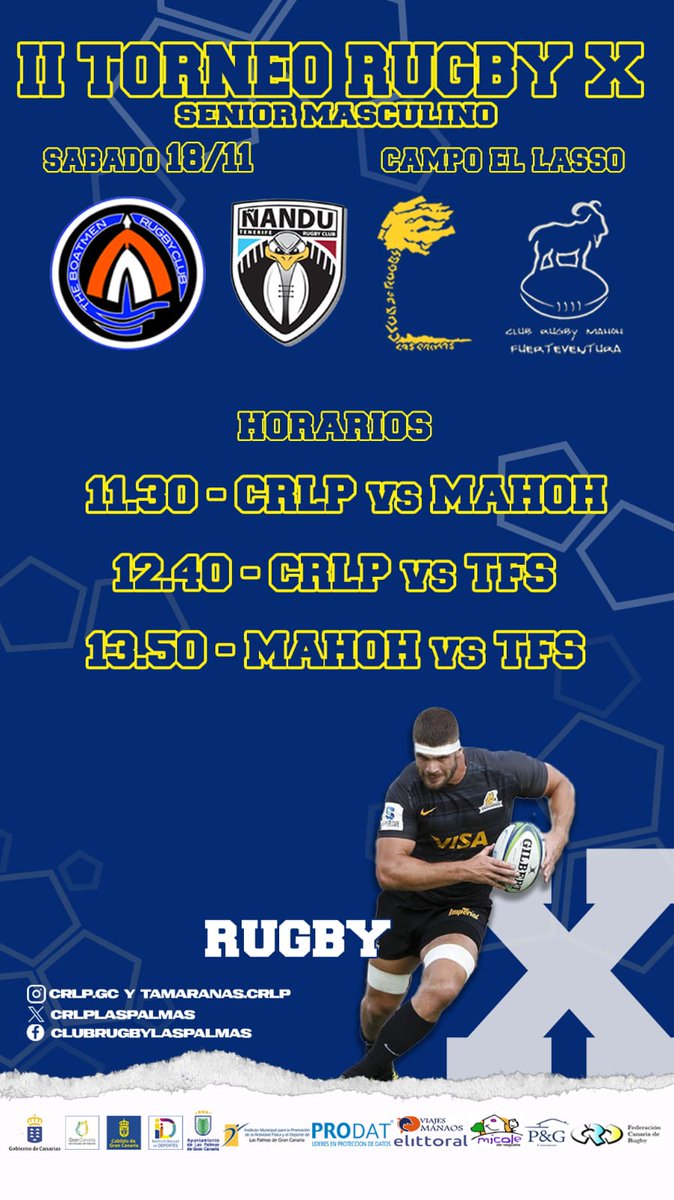 CRLPLasPalmas's tweet photo. Horarios de la jornada que tendremos de #rugbyX de nuestro #SeniorCRLP y #rugby7 de las #TamaranasCRLP
Anímate a disfrutar del #rugbycanario #rugbycanario con el #CRLP 🌴🏉
#seguimosempujando https://t.co/WlIRPmdzbe