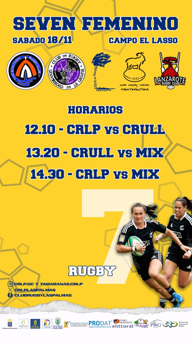CRLPLasPalmas's tweet photo. Horarios de la jornada que tendremos de #rugbyX de nuestro #SeniorCRLP y #rugby7 de las #TamaranasCRLP
Anímate a disfrutar del #rugbycanario #rugbycanario con el #CRLP 🌴🏉
#seguimosempujando https://t.co/WlIRPmdzbe