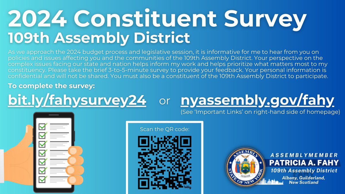 📲 My 2024 Constituent Survey is live! It's important for me to hear from constituents directly about their priorities as we head into next year's session &amp; budget season.

Constituents can complete the survey here (3-5 min):

➡️ bit.ly/fahysurvey24
➡️ nyassembly.gov/fahy