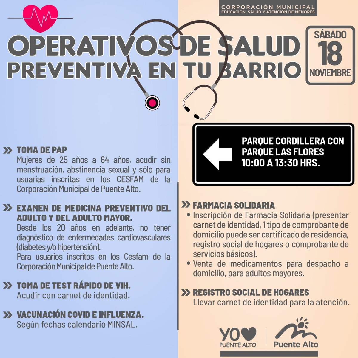 🩺OPERATIVOS DE SALUD 😷EN TU BARRIO
Te esperamos este sábado 18 de noviembre en nuestro “Operativo en Tu Barrio” en Villa Nuevo Parque San Francisco, Parque Cordillera con Parque Las Flores.

🟠Exámenes preventivos ¡gratuitos!
🟠Farmacia Solidaria.
🟠Registro Social de Hogares.