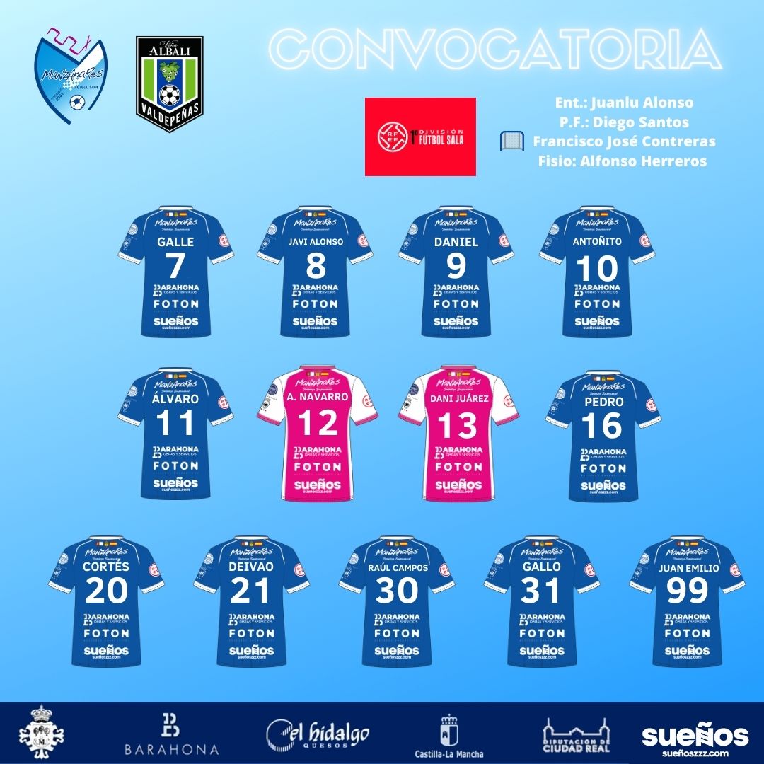🔵⚪[📝]<a href="/VinaAlbaliFS/">Viña Albali Valdepeñas</a>
7️⃣<a href="/elgalle7/">Juan Rodriguez</a> 
8️⃣ <a href="/Javi10alonso/">Javier alonso</a>
9️⃣<a href="/Dani_Gabriel9/">Daniel</a>
1️⃣0️⃣ #Antoñito
1️⃣1️⃣<a href="/LopezAlvaro11/">Alvaro Lopez</a> 
1️⃣2️⃣ <a href="/Anntonio1_/">Antonio Navarro</a> 🥅
1️⃣3️⃣ #DaniJuárez ©🥅
1️⃣6️⃣ @PedroBeraldo18
2️⃣0️⃣ <a href="/cortesinho10/">Francisco Cortés</a>
2️⃣1️⃣ #Deivāo
3️⃣0️⃣ <a href="/17RaulCampos/">Raúl campos</a>
3️⃣1️⃣ #Gallo
9️⃣9️⃣ #JuanEmilio
Ent:<a href="/JuanluA910/">Juan Luis Alonso</a>
P.F.:<a href="/diego_disman/">Diego Santos Sanz</a>