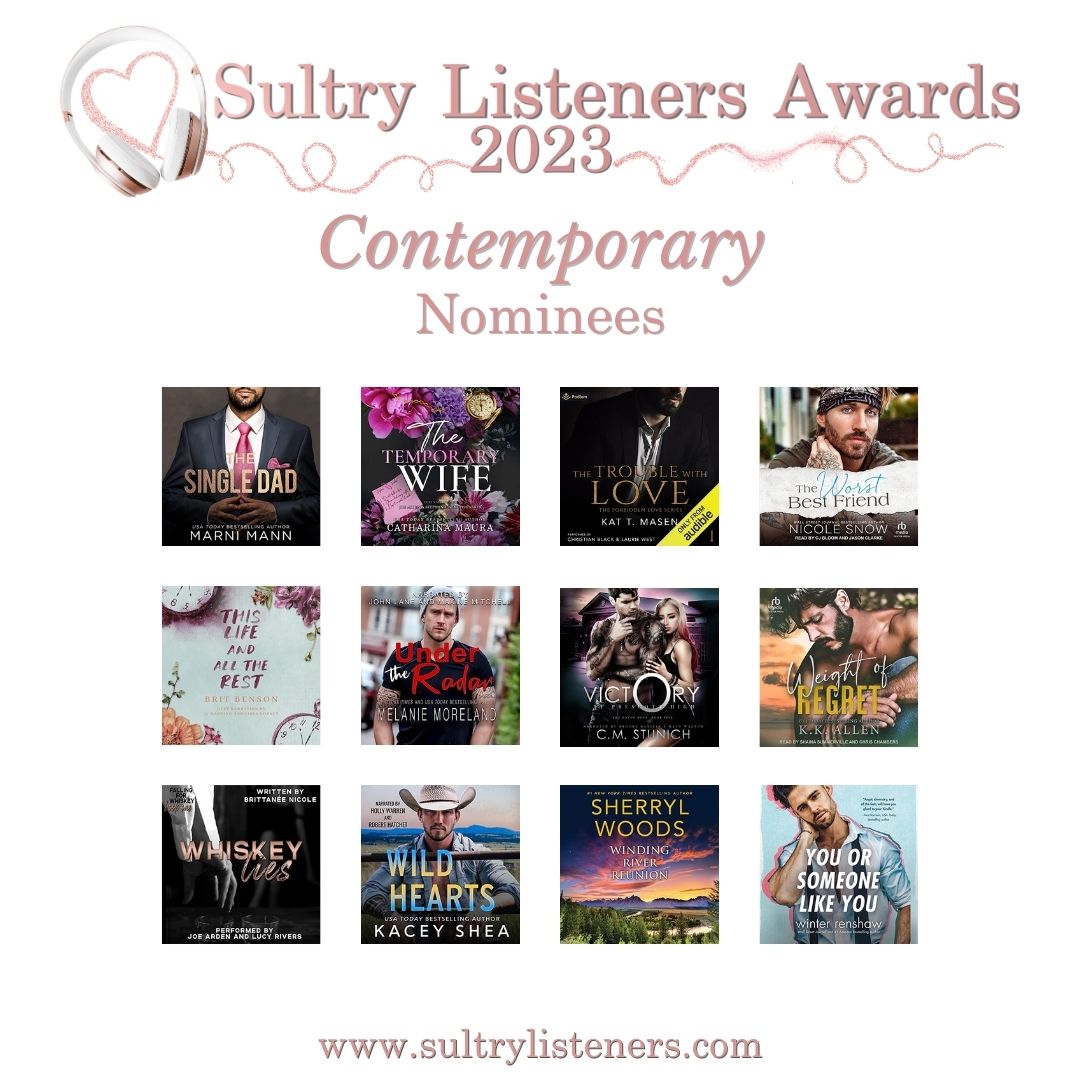 Our final category is the #ContemporaryRomance & this was a large one w/ 75 nominations! Congrats to all the nominees! 5 of 5 See full list of nominees in wave 4: bit.ly/SultryListener… #SultryListenersAwards #2023SultryListeners #Audiobooks #Romance #HumanVoices