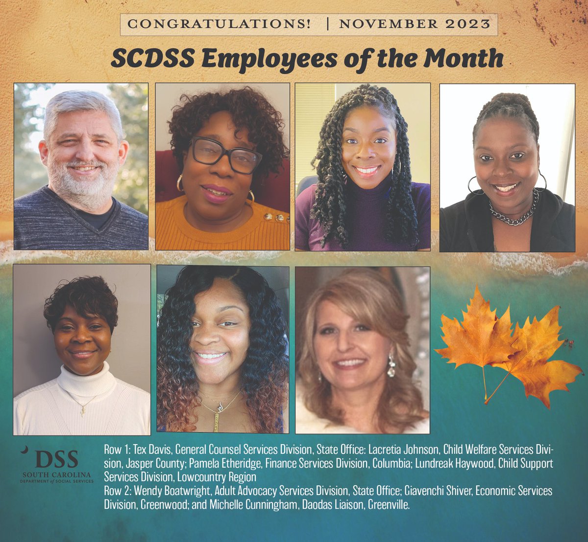 Today, DSS State Director @hardyleach recognized November Employees of the Month. He acknowledged each employee and thanked them for their #competencecouragecompassion in serving the citizens of SC.
#DSSserves2023
#StrengtheningFamilies
#BetterTogether