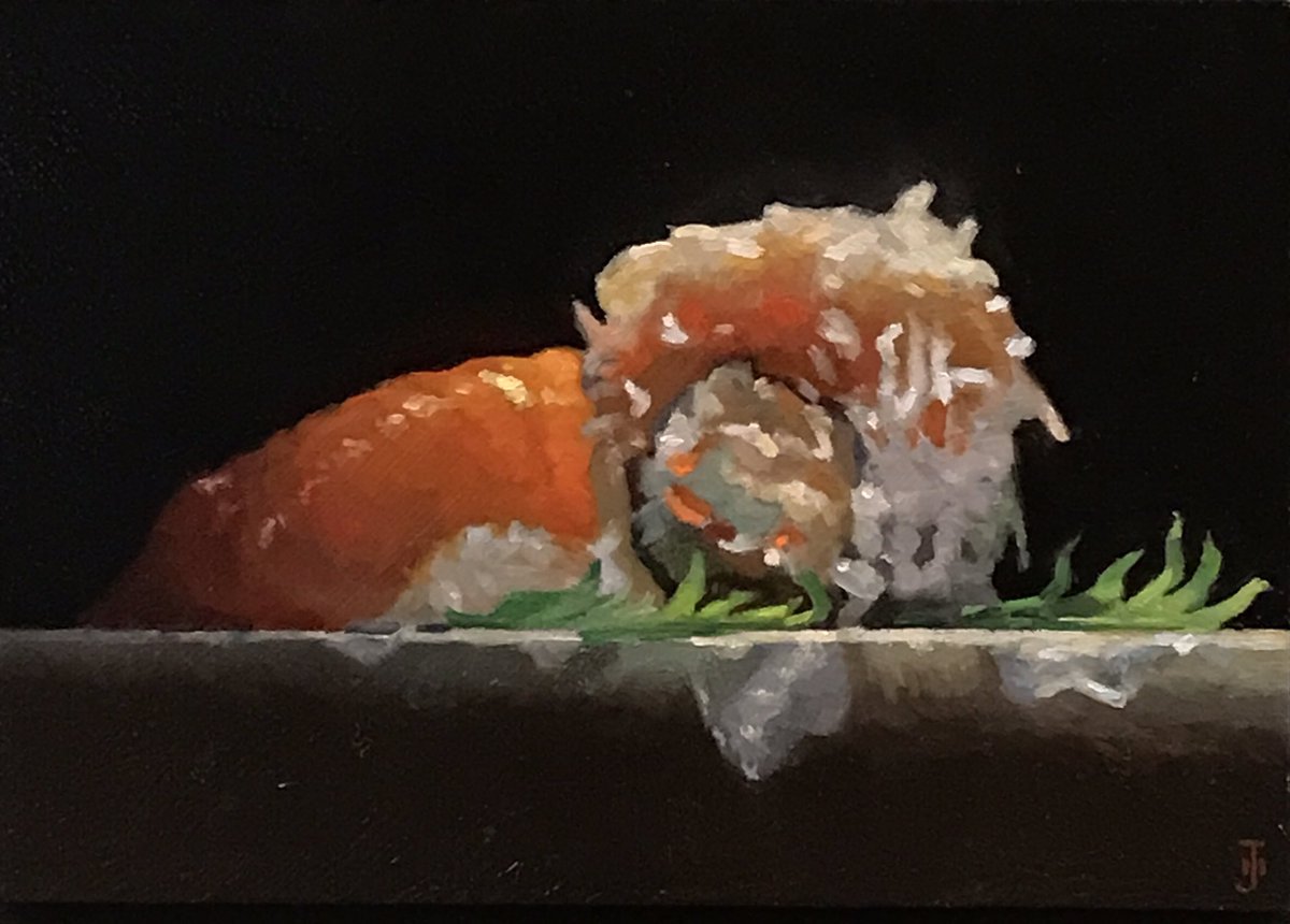 Sushi study
Oil on panel, 3.5 x 5 inches

I love the little pieces of thin green plastic cut to resemble… bamboo leaves I guess - I often see these separating different rolls when an order is delivered to the table.  Anybody know if it has a proper name?

#sushi #sushilovers