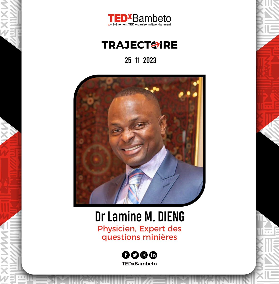 TEDxBambeto's tweet photo. #Speaker5: Dr. Lamine M Dieng Physicien, Expert des questions minières.
Dr. Lamine M. DIENG possède une expertise significative dans le développement des infrastructures minières, la gouvernance, les investissements internationaux et les mathématiques financières.
#TEDxBambeto https://t.co/AHV0dT43zZ