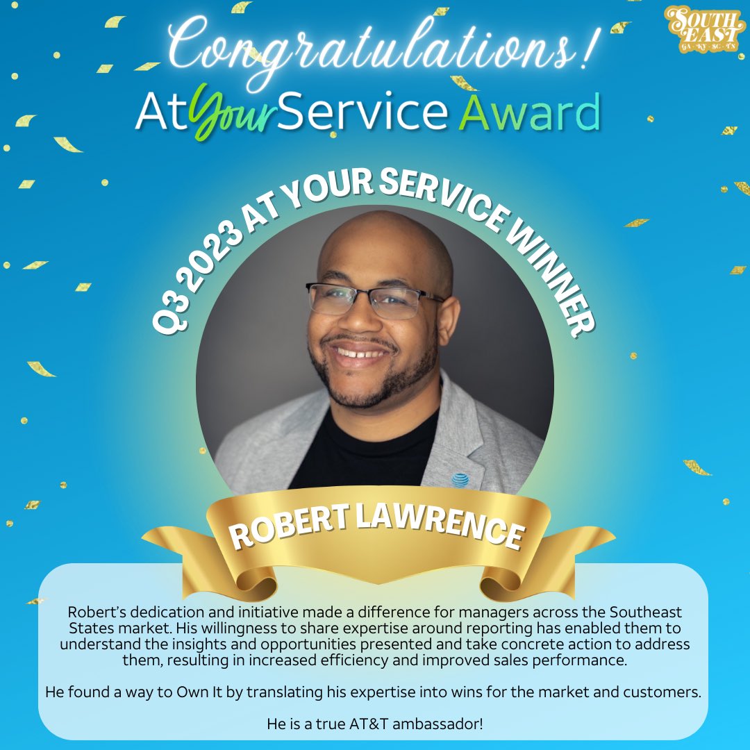 Join us in congratulating our SEL and #SES Reporting Guru, Robert Lawrence, on winning the ………… 🌟🏆 Q3 2023 AYS Award! 🌟🏆 His dedication and commitment to excellence have made a significant impact on our market. Congrats on this outstanding achievement! 🎉 #LifeAtAtt