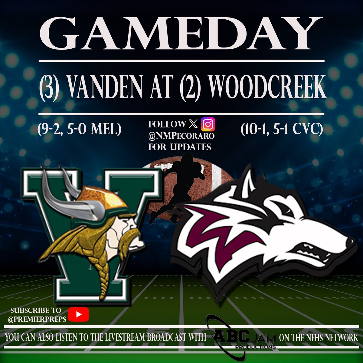 PremierPrepsNMP's tweet photo. TONIGHT! I'm on the call for @ABCJAMPro for a D3 semi between @WoodcreekFB &amp; @vandenvikingfb! Woodcreek looks to make its imprint on school history while Vanden's in search of a @cifsjs 3-peat! I'll also have a game story in the Sacramento Bee! Stay tuned!
https://t.co/FA6vsB3l1c https://t.co/gRX0eidNM3