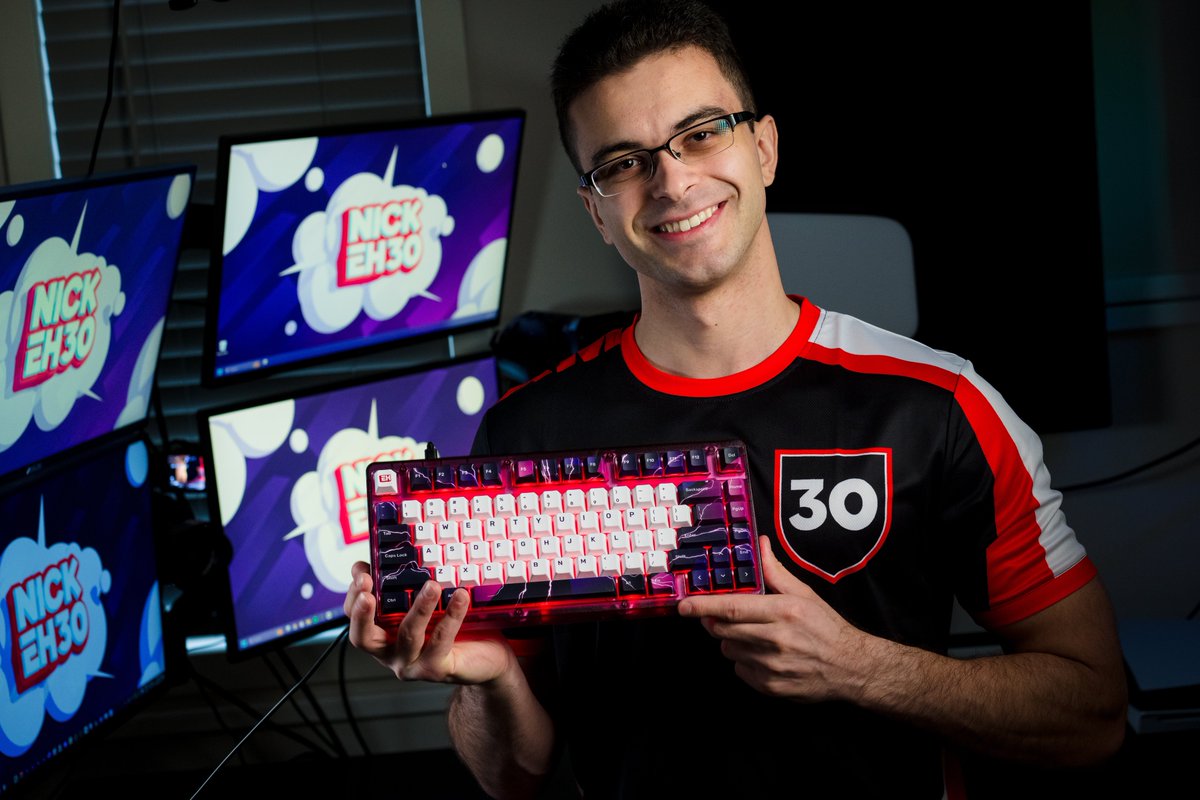 NickEh30's tweet photo. After 1 year of behind the scenes production, I'm so proud to announce my official NickEh30 keyboard, mouse, and mousepad!

Built in collaboration with @GhostKeyboards, consisting of the K75 Keyboard, M2 Mouse, and XL Deskpad!

These are all available TODAY → https://t.co/lq8N90VPlw #ad