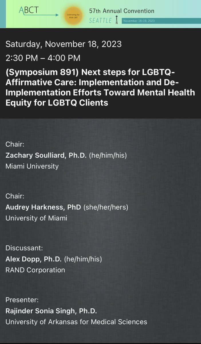 bharat_b92's tweet image. Be sure to come see amazing chairs @audreyharkness &amp;amp; @DrZSoulliard lead &amp;amp; present in this symposium tomorrow 2:30-4pm along with wonderful speaker @RSoniaSingh &amp;amp; fabulous discussant @alex_dopp_phd! I’ll speaking on de-implementing SOGIECE too! #ABCTSeattle2023 #ABCT2023 @ABCTNOW