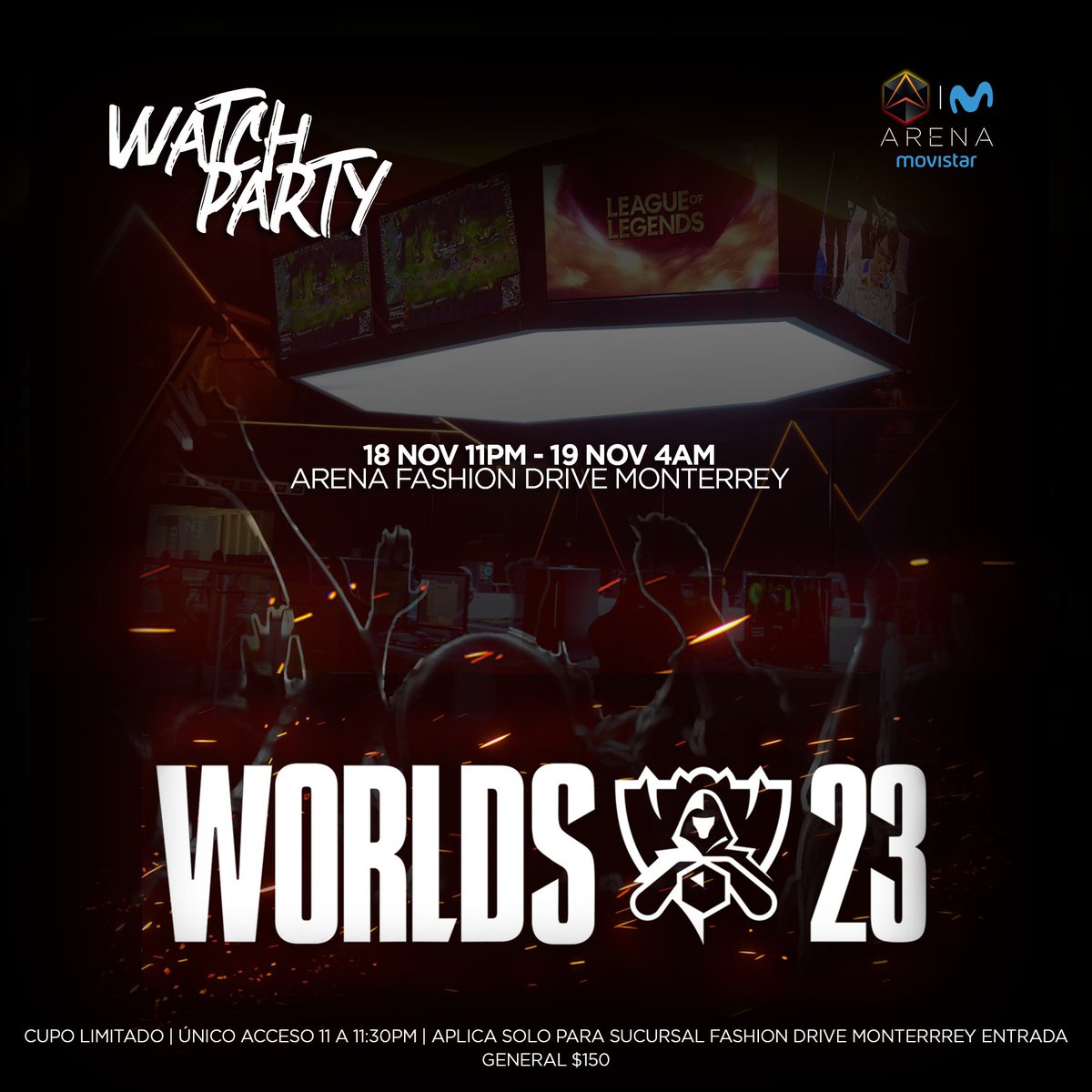 arenaplacetplay's tweet photo. ¡Que emoción! ¡Ya casi llega el día del Watch Party de Worlds 2023 que tendremos en nuestra sucursal de #FashionDrive #MTY! ¡Ven y disfruta con nosotros la transmisión de la competencia mundial de League of Legends! Esto es algo que no te puedes perder. ¡No te quedes afuera! 🏆 https://t.co/DnxUNN6hqv