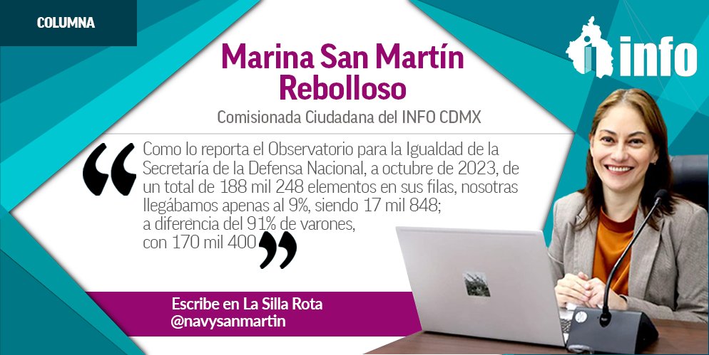 InfoCdMex's tweet photo. #LecturaRecomendada ☕| "Mujeres constructoras de paz en la milicia",
es la #ColumnaDeOpinión de la Comisionada del INFO CDMX, @navysanmartin que se publica en @lasillarota
Clic👉🏾https://t.co/BpZIiQHpbh https://t.co/Dlnp26XvQa