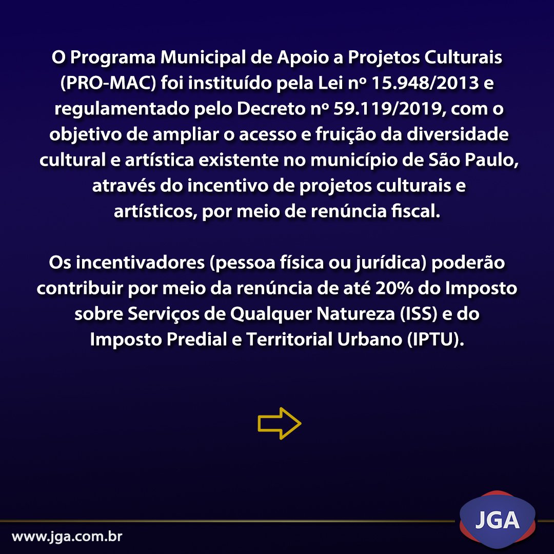 JGA3Setor's tweet image. Saiba mais sobre o Programa Municipal de Apoio a Projetos Culturais (PRO-MAC), projeto incentivado na área da cultura no Município de São Paulo. (Fonte: OAB/SP)
#diadedoar #promac