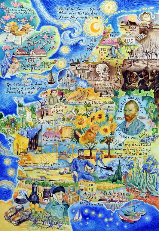 simongerman600's tweet image. This map shows the life and works of Vincent Van Gogh. Gorgeous piece by Jane Tomlinson. Source: buff.ly/3ujqHrr