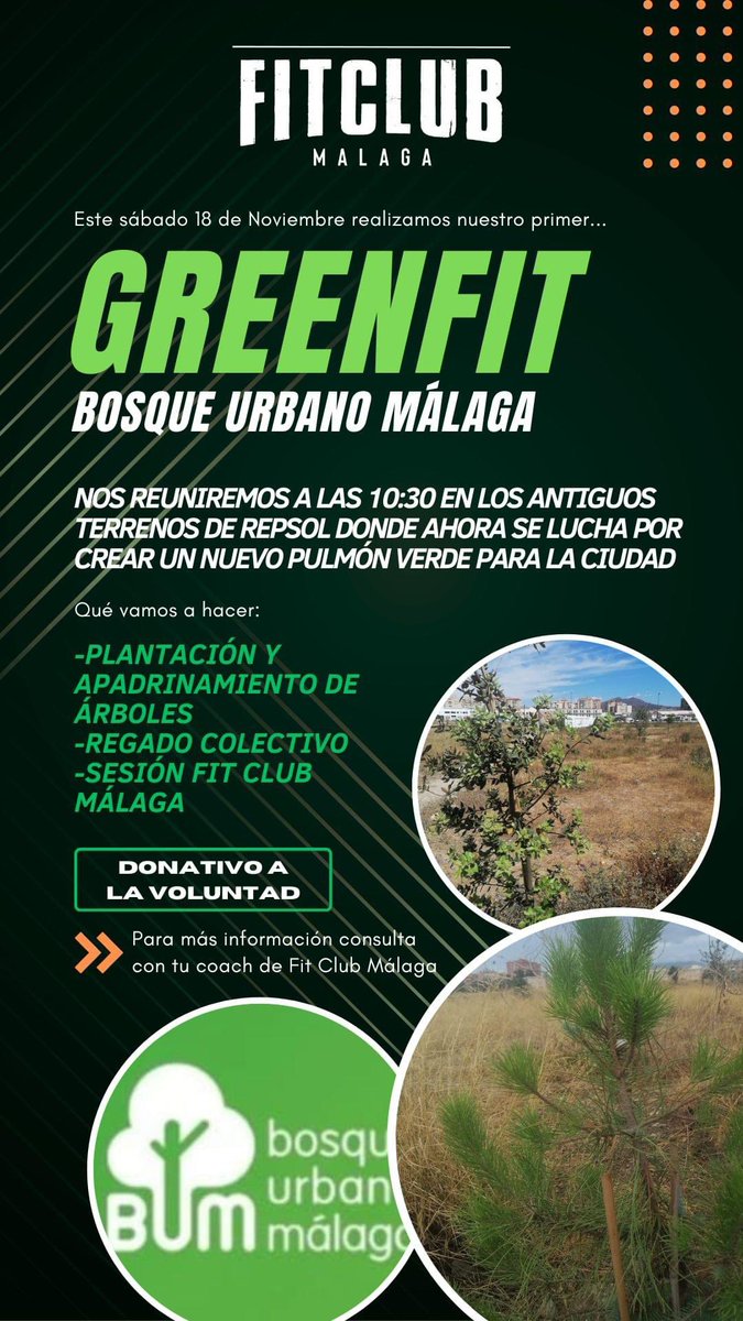 BosqueUrbanoMA's tweet photo. Mañana sábado, a las 10:30 h, #FitClubMálaga llevará a cabo en el #BosqueUrbano de #Málaga su primer #greenfit, un #entrenamiento al aire libre rodeados de nuestros árboles. 💪🏼😊 🌿
La jornada incluirá una plantación simbólica y el #riego de ejemplares del #Bosque Urbano. 💚🌳 https://t.co/4d7I1LgpgV
