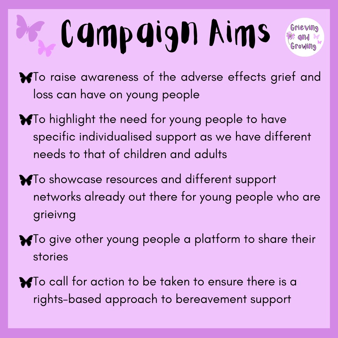 For my next post of Children’s Grief Awareness Week I wanted to highlight the aims of my campaign which launched last year The first is to raise awareness of the issue because there is still so much stigma that exists around it. #CGAW23 #GrievingAndGrowing 💜 (1/6)