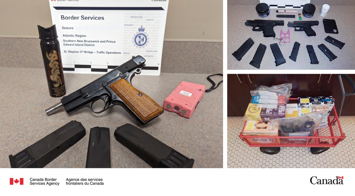 #CBSA officers in St. Stephen #NB recently seized 3 prohibited firearms, pepper spray, a stun gun, brass knuckles, cannabis products & undeclared alcohol from 2 travellers, who were required to pay penalties. #ProtectingCanadians