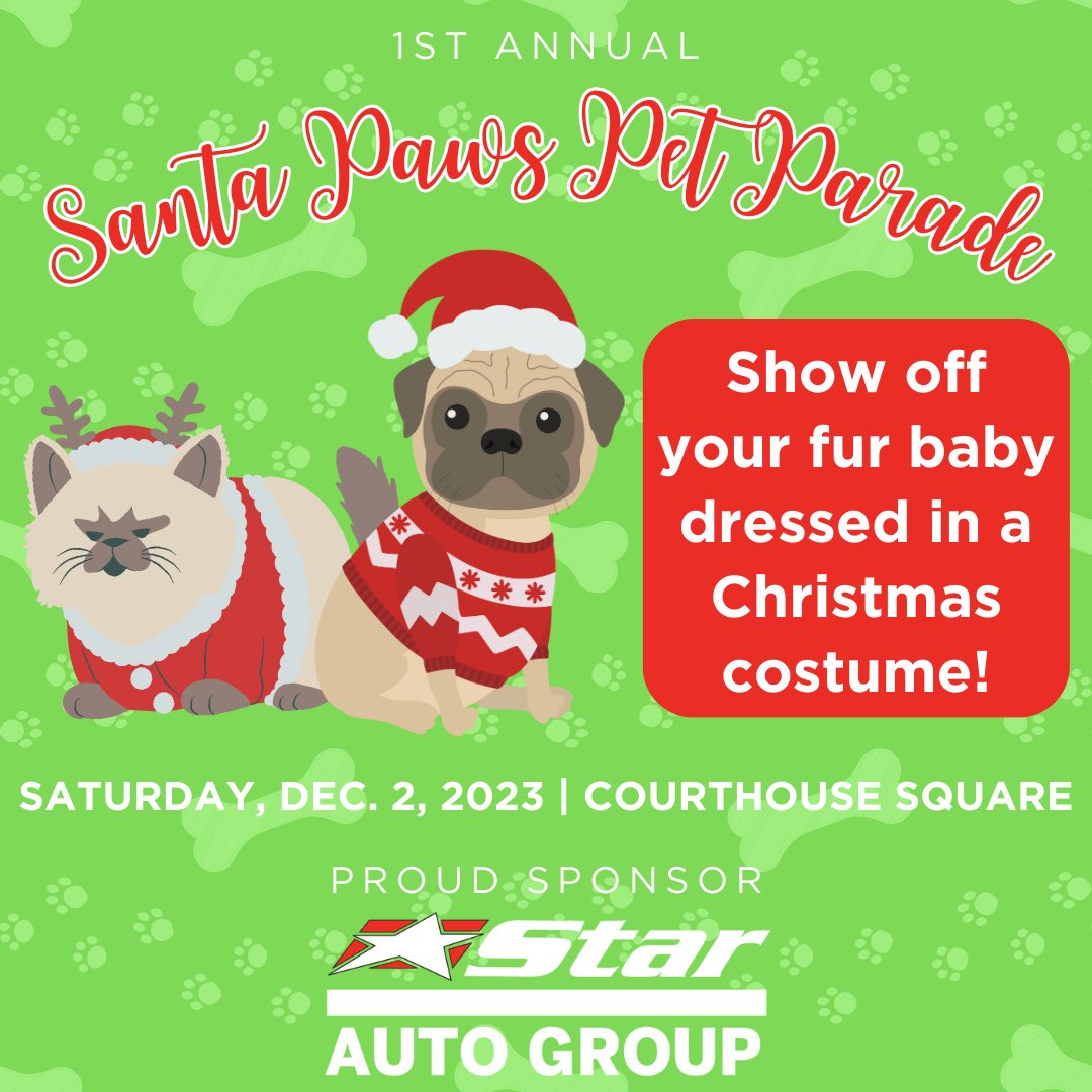 StarFordBigSpr's tweet photo. We’re just 2 days away from the 1st Annual Santa Paws Pet Parade at Courthouse Square! Does your furry child have what it takes to bring home a furr-ific gift basket full of paw-some treats and toys? 🐶 🦴🐾 https://t.co/op66BupMcg