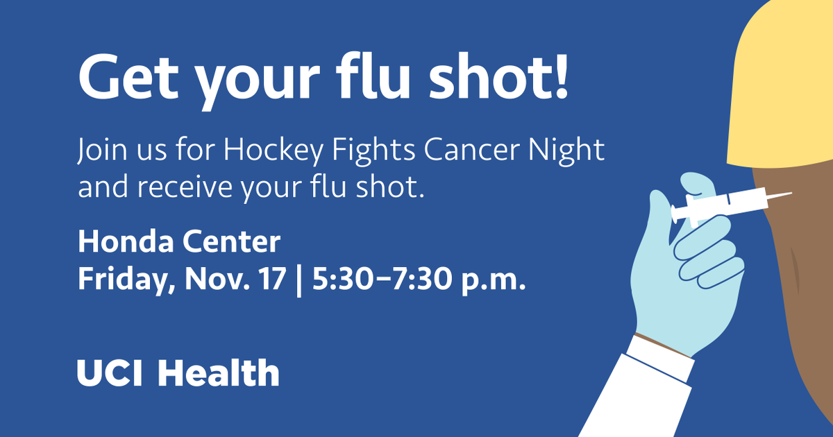 Join #UCIHealth and the @AnaheimDucks at @HondaCenter tonight, Friday, Nov. 17, and receive your #flushot between 5:30-7:30 p.m. during #HockeyFightsCancer Night.