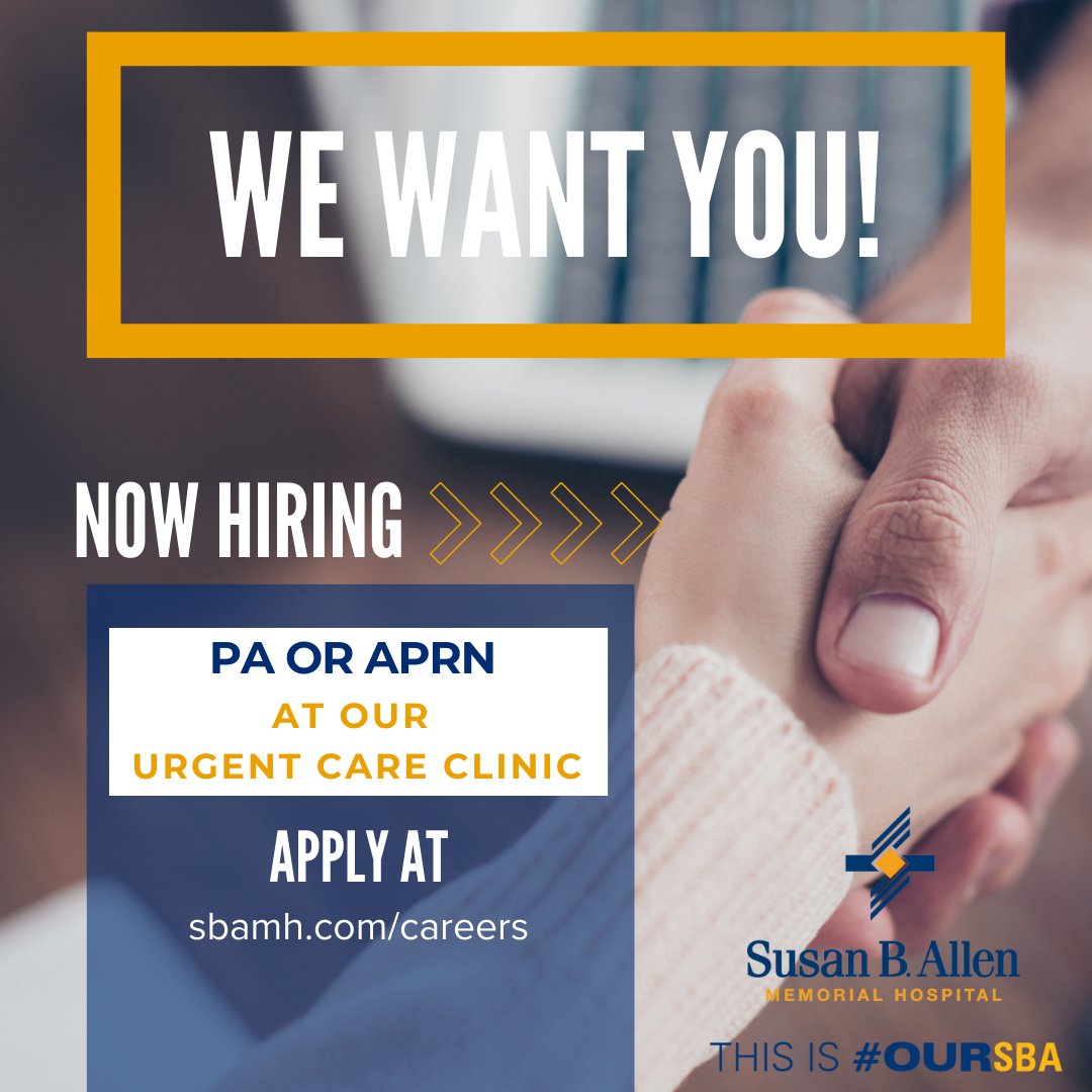 SBAHospital's tweet photo. 📷📷We want to hire you for our, PA or APRN position at El Dorado Urgent Care.📷📷To apply please go to: https://t.co/hU24JsN8VK
#oursba #susanballen #aprn #professional #urgentcare #eldorado #augusta #kansas #nurse https://t.co/Ts6GAGJayi