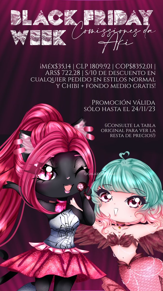 ✨#BlackFriday #commissions promotion!✨

Original table: docs.google.com/document/d/13G…

#commisionsopen #Commission #commissionart #commissionopen #comissõesabertas #art #artwork #ArtistOnX #humanartist #humanart #ibispaint #ibisPaintX #anime #AnimeArt #draw #drawing #illustration