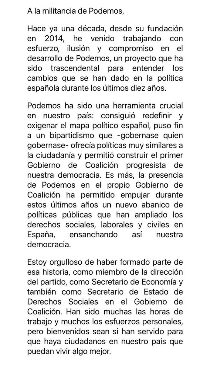 nachoalvarez_'s tweet image. Agradezco la confianza que ⁦ @Yolanda_Diaz_⁩ deposita en mí, pero no puedo aceptar ser ministro del Gobierno si la dirección de mi organización no lo aprueba. 

En mi cultura política no es concebible aceptar un cargo al margen de la organización de la que uno forma parte.