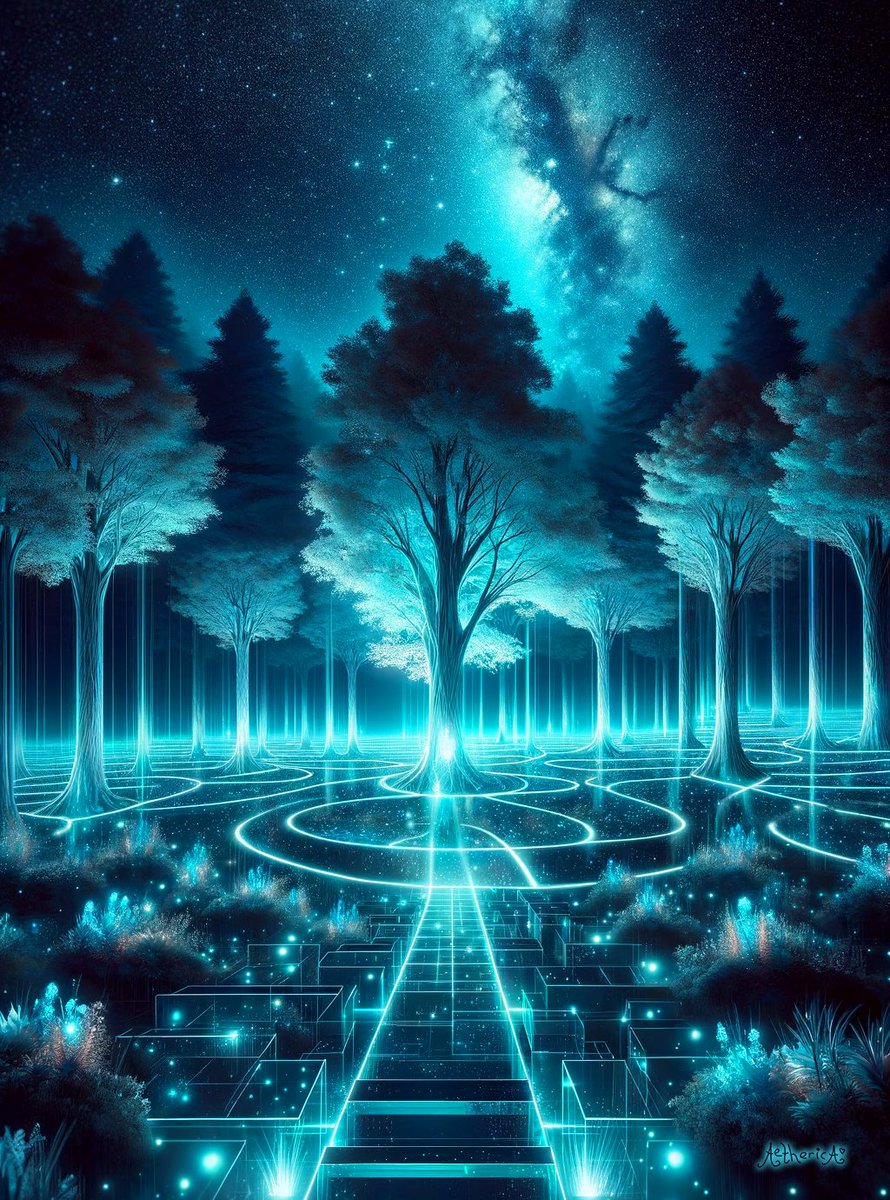 AethericaX's tweet photo. The Quantum Forest
As you stand in the heart of the forest, the glow of the trees and pathways illuminates a dynamic landscape, where the wonders of quantum energy dance under a star-filled sky.
#SeraphimConstruct #7WP #Worldbuilding #ConceptArt